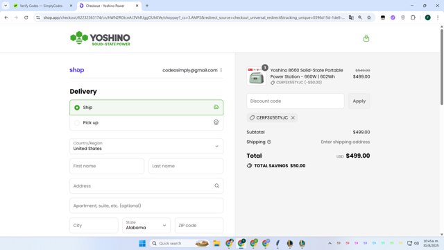 Yoshino Power checkout page showing Yoshino Power promo code box | Screenshot taken by SimplyCodes community member on Aug 31, 2025