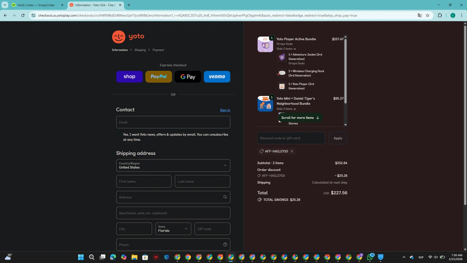 Yoto promo code screenshot showing code AFF-HAILEY10 applied at Yoto checkout page. Uploaded by SimplyCodes community member SavingsRanger5017 on Feb 25, 2026