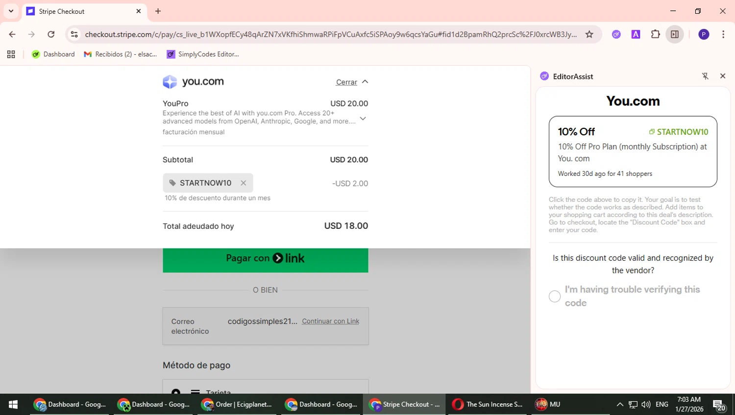 You.com promo code screenshot showing code STARTNOW10 applied at You.com checkout page. Uploaded by SimplyCodes community member TrevorPhilips on Jan 27, 2026