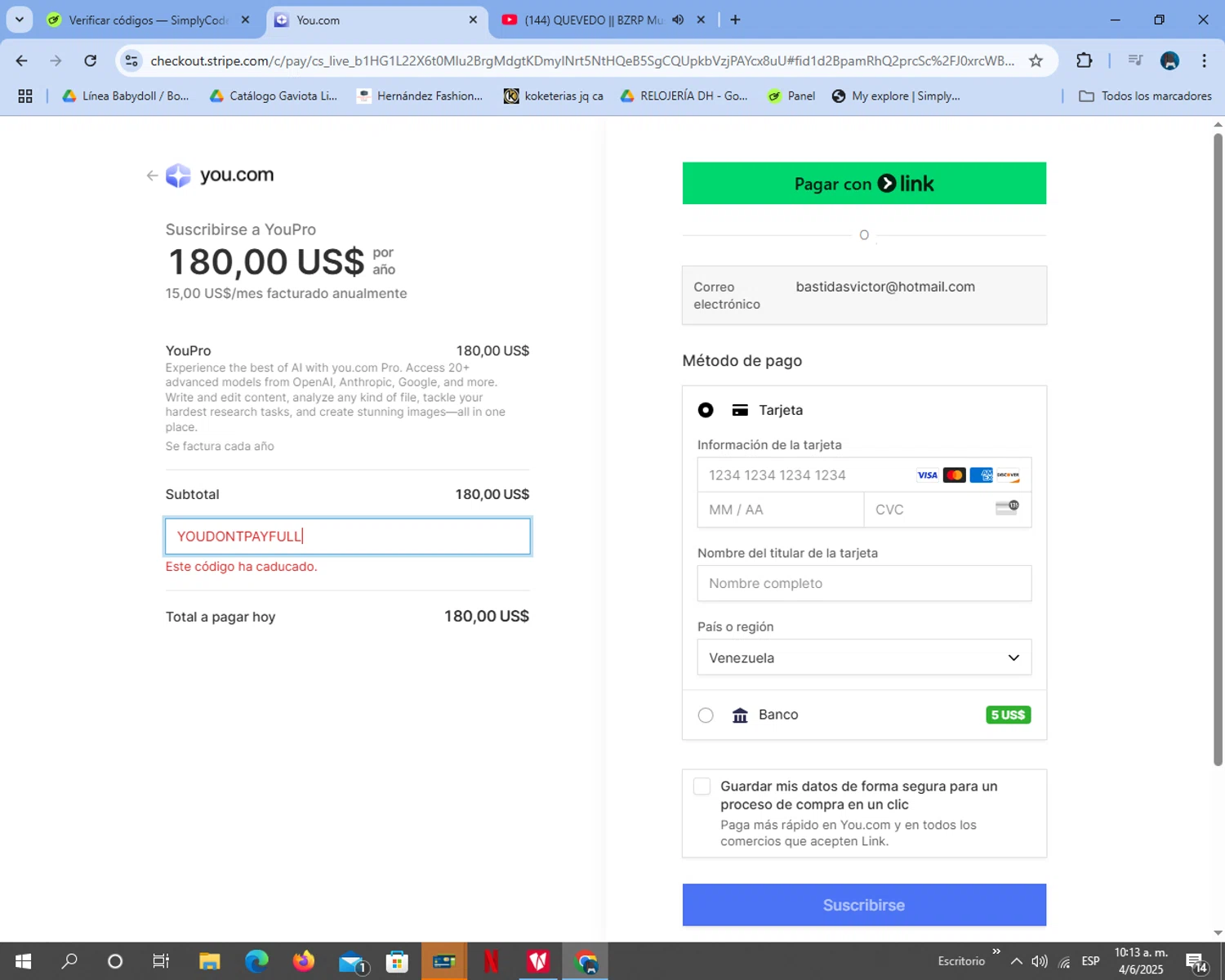 You.com promo code screenshot showing code YOUDONTPAYFULL applied at You.com checkout page. Uploaded by SimplyCodes community member Damo_gg on Jun 4, 2025