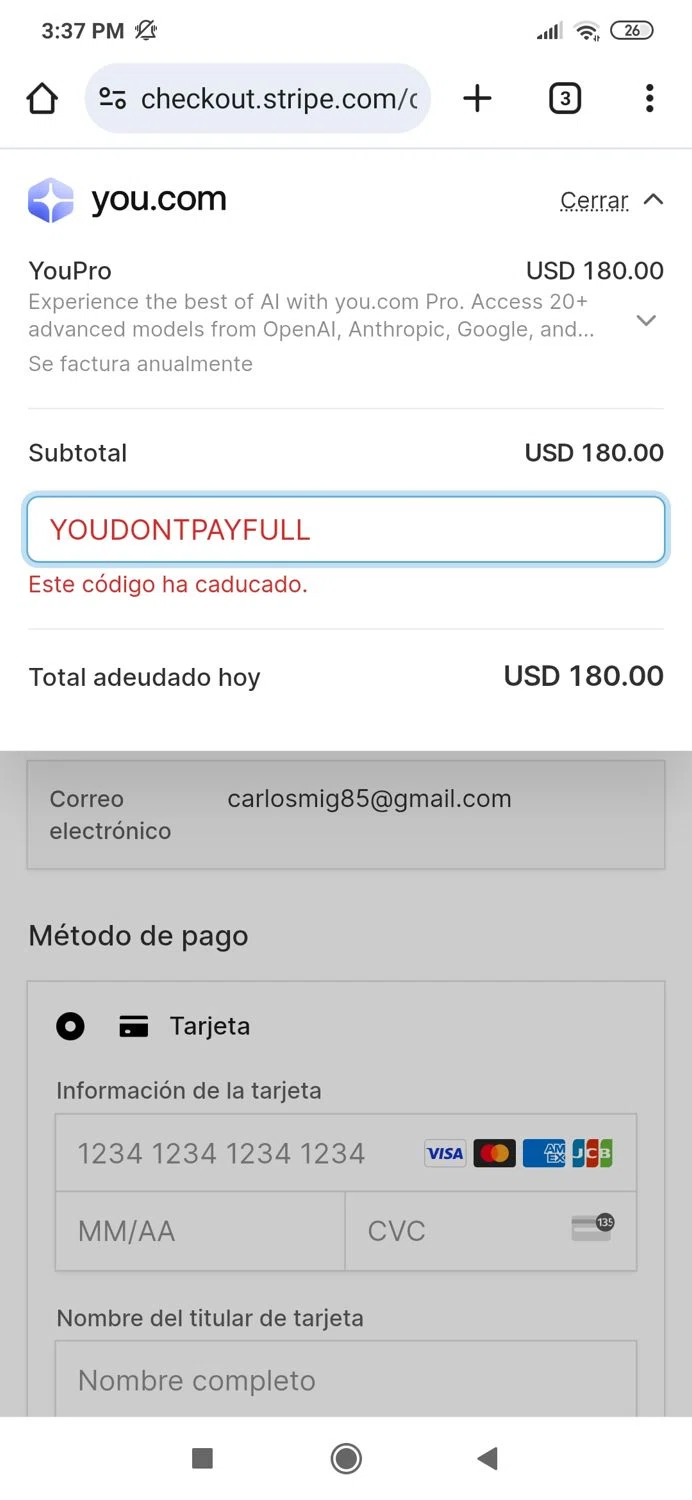 You.com promo code screenshot showing code YOUDONTPAYFULL applied at You.com checkout page. Uploaded by SimplyCodes community member MightyBoss9975 on Jun 4, 2025