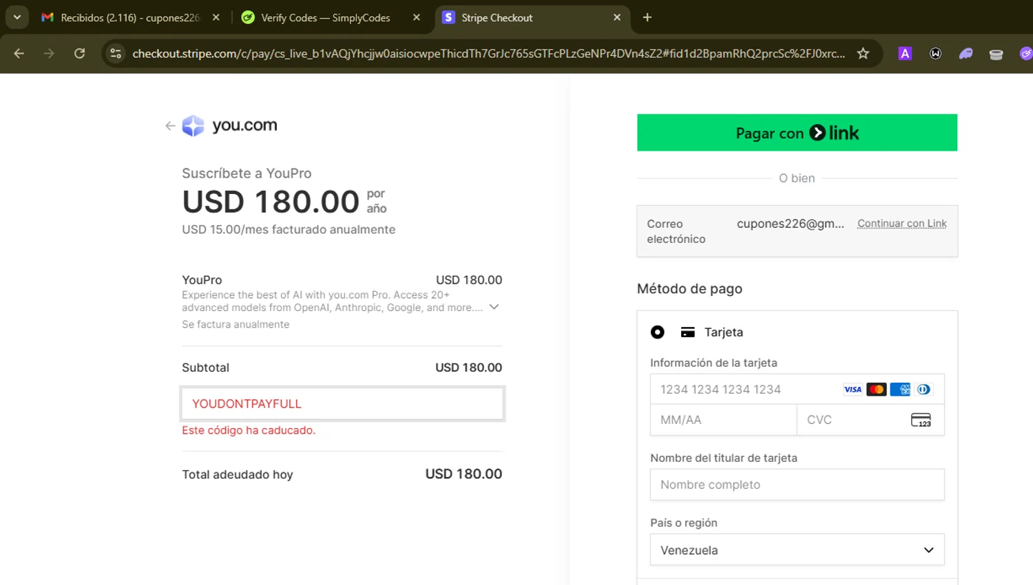 You.com promo code screenshot showing code YOUDONTPAYFULL applied at You.com checkout page. Uploaded by SimplyCodes community member SilverMonarch6357 on Aug 26, 2025