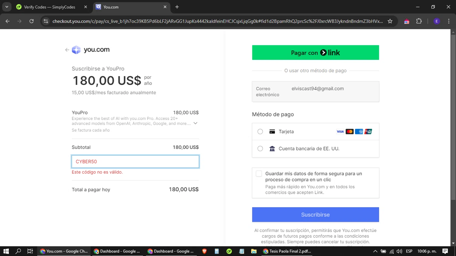 You.com promo code screenshot showing code CYBER50 applied at You.com checkout page. Uploaded by SimplyCodes community member Yujiro_hanma on Feb 3, 2025