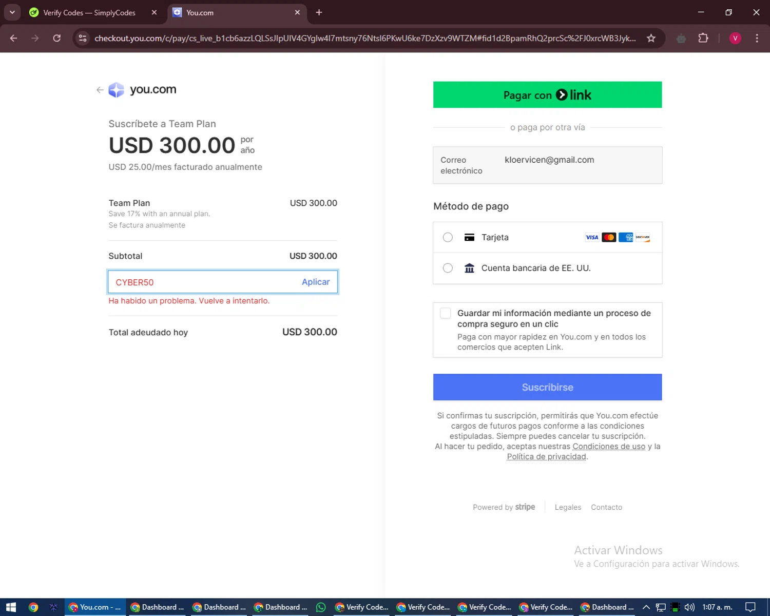 You.com promo code screenshot showing code CYBER50 applied at You.com checkout page. Uploaded by SimplyCodes community member ShieldEagle6102 on Feb 3, 2025