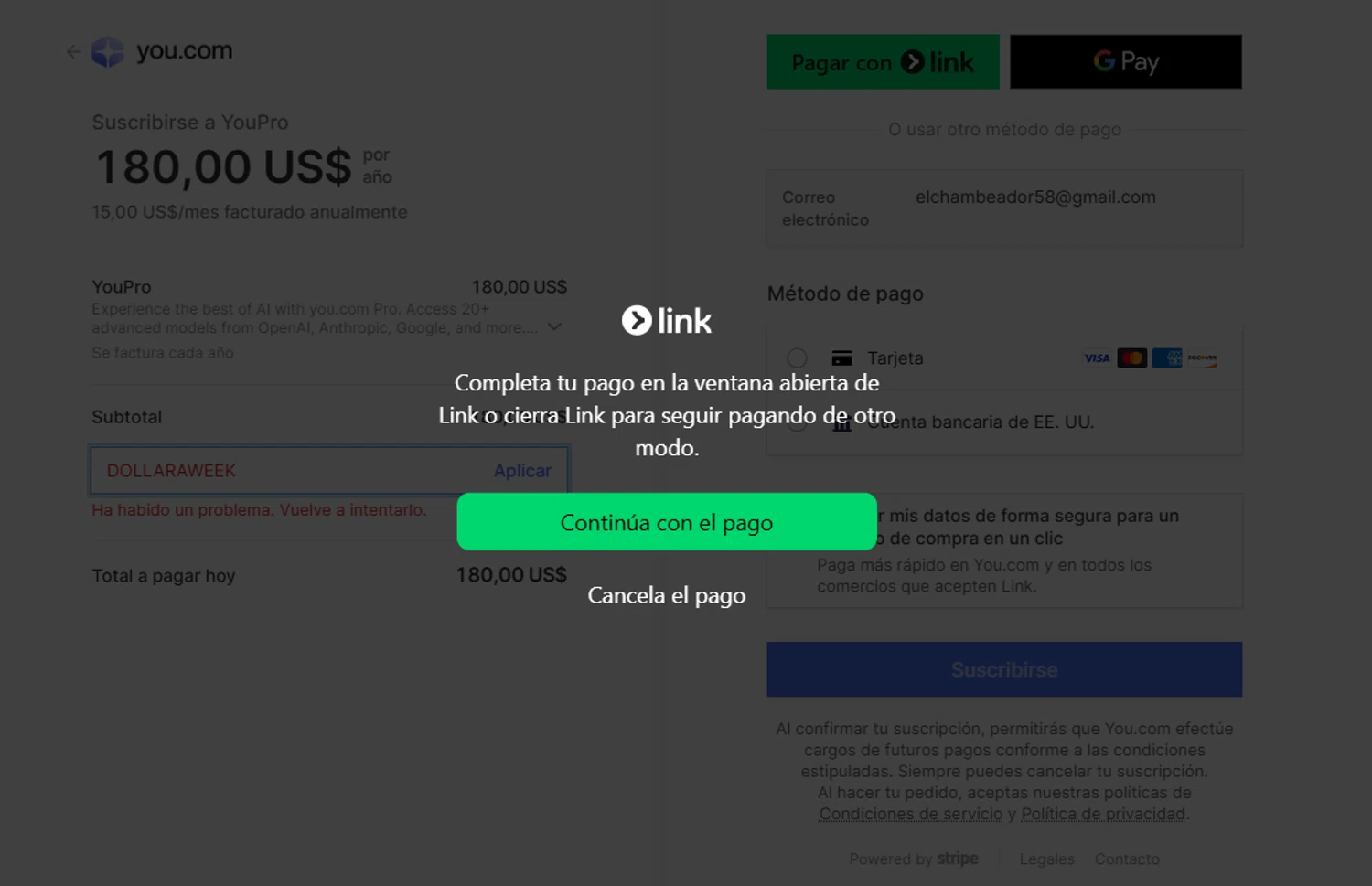You.com promo code screenshot showing code DOLLARAWEEK applied at You.com checkout page. Uploaded by SimplyCodes community member ElAuronPlay on Feb 24, 2025