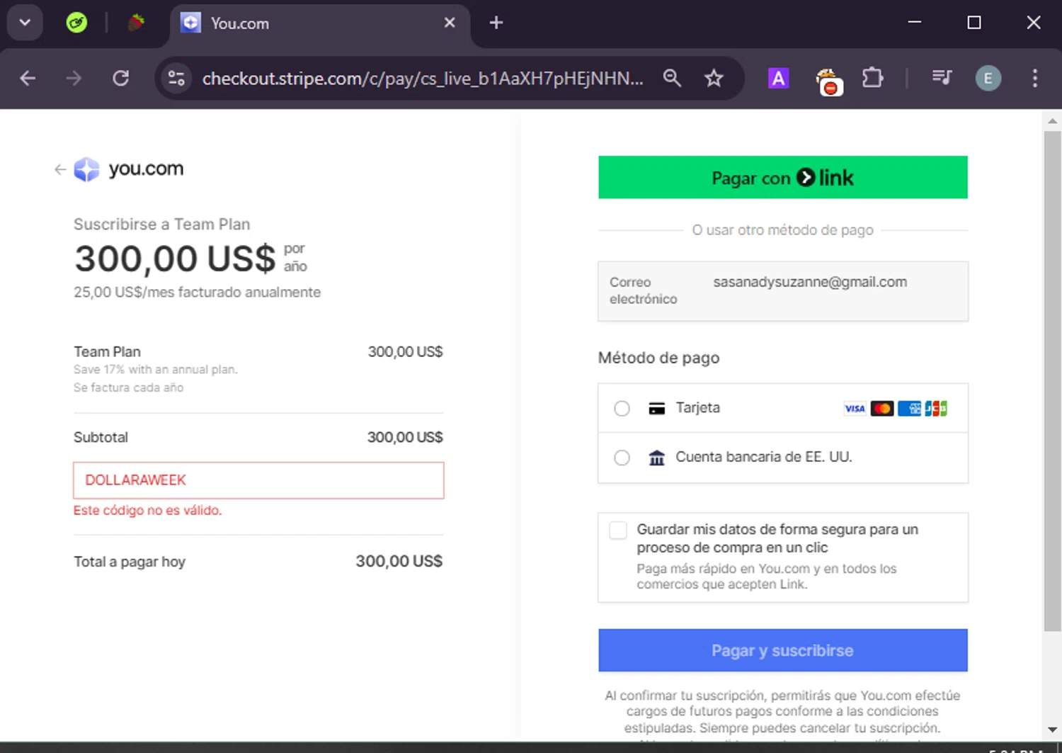 You.com promo code screenshot showing code DOLLARAWEEK applied at You.com checkout page. Uploaded by SimplyCodes community member LuckyExpert7689 on Feb 24, 2025