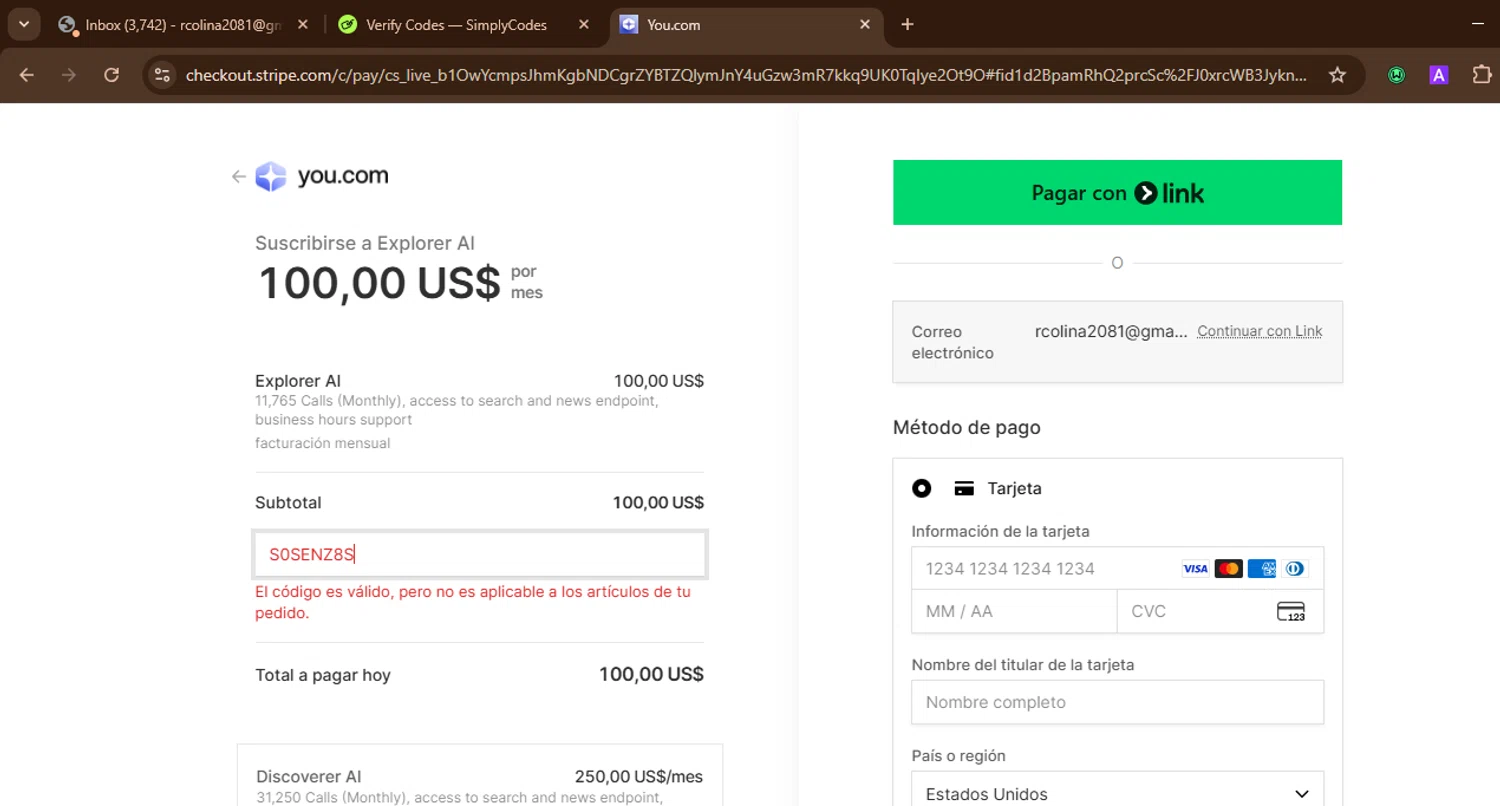 You.com checkout page showing You.com promo code box | Screenshot taken by SimplyCodes community member on Oct 1, 2025