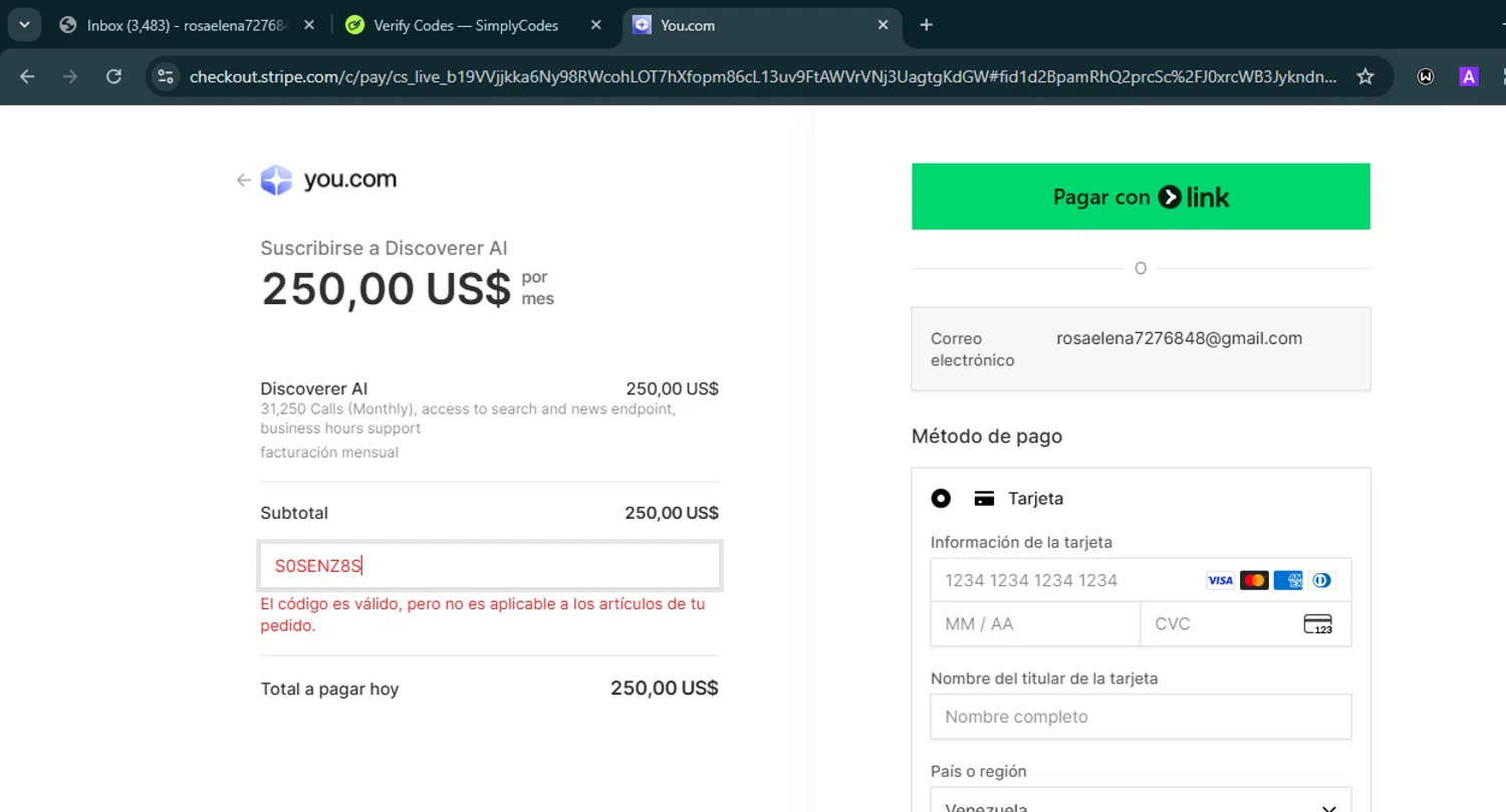 You.com checkout page showing You.com promo code box | Screenshot taken by SimplyCodes community member on Oct 1, 2025
