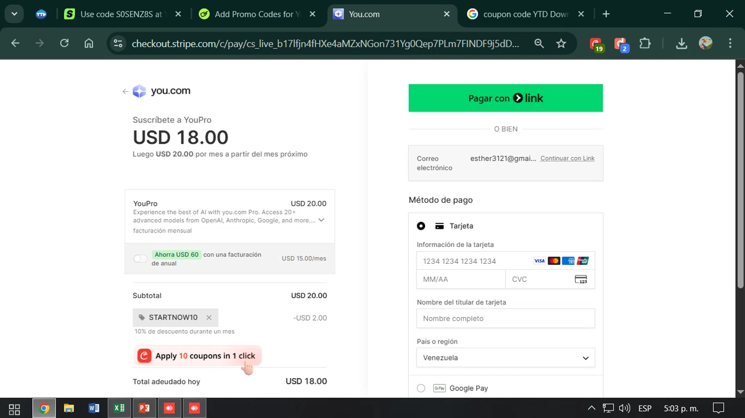You.com promo code screenshot showing code STARTNOW10 applied at You.com checkout page. Uploaded by SimplyCodes community member ESTHER3121 on Nov 29, 2025