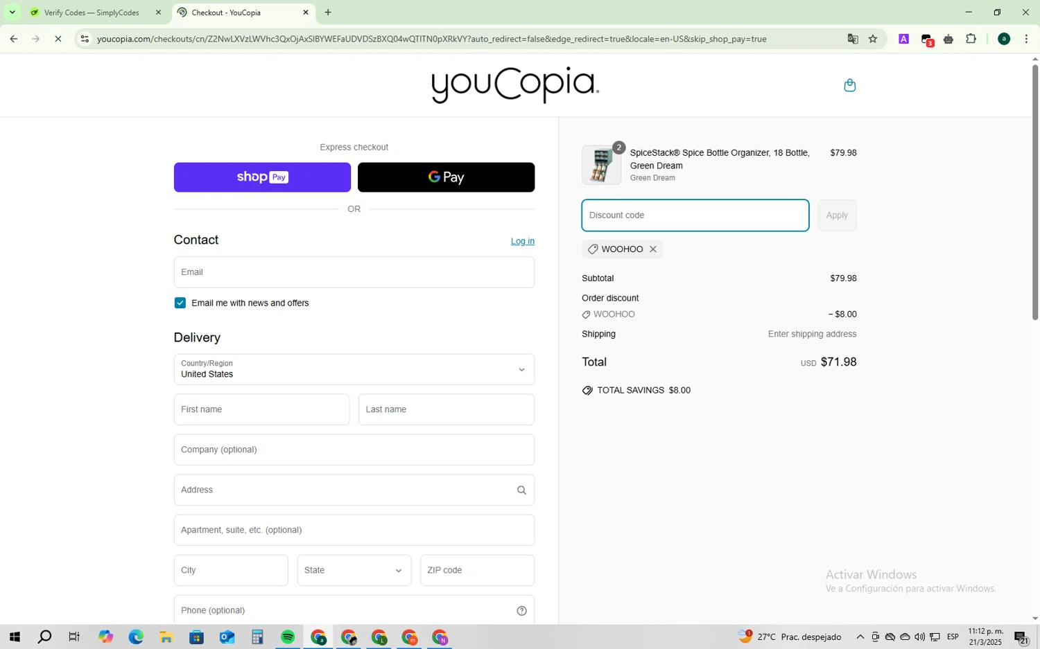 YouCopia discount code screenshot showing code WOOHOO applied at YouCopia checkout page. Uploaded by SimplyCodes community member ShrewdSaver6443 on Mar 22, 2025