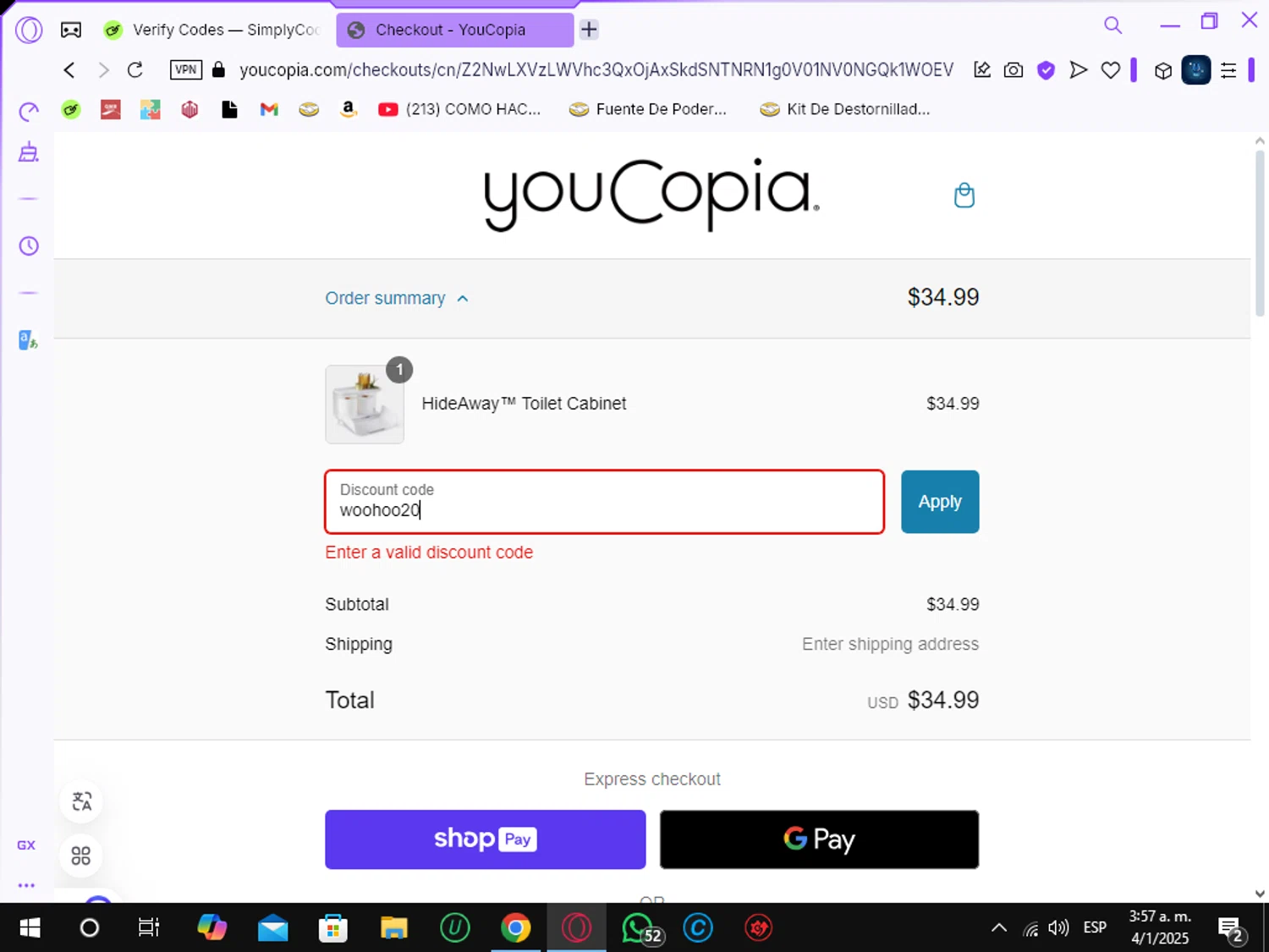YouCopia discount code screenshot showing code woohoo20 applied at YouCopia checkout page. Uploaded by SimplyCodes community member Crchirino1 on Jan 4, 2025