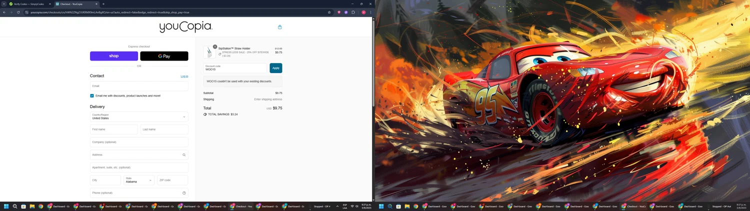 YouCopia discount code screenshot showing code WOO15 applied at YouCopia checkout page. Uploaded by SimplyCodes community member TreasureWarden457 on Sep 4, 2025