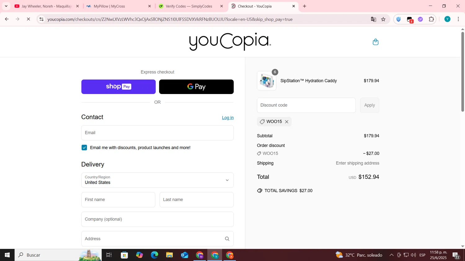 YouCopia discount code screenshot showing code WOO15 applied at YouCopia checkout page. Uploaded by SimplyCodes community member codygakpo on Jun 26, 2025