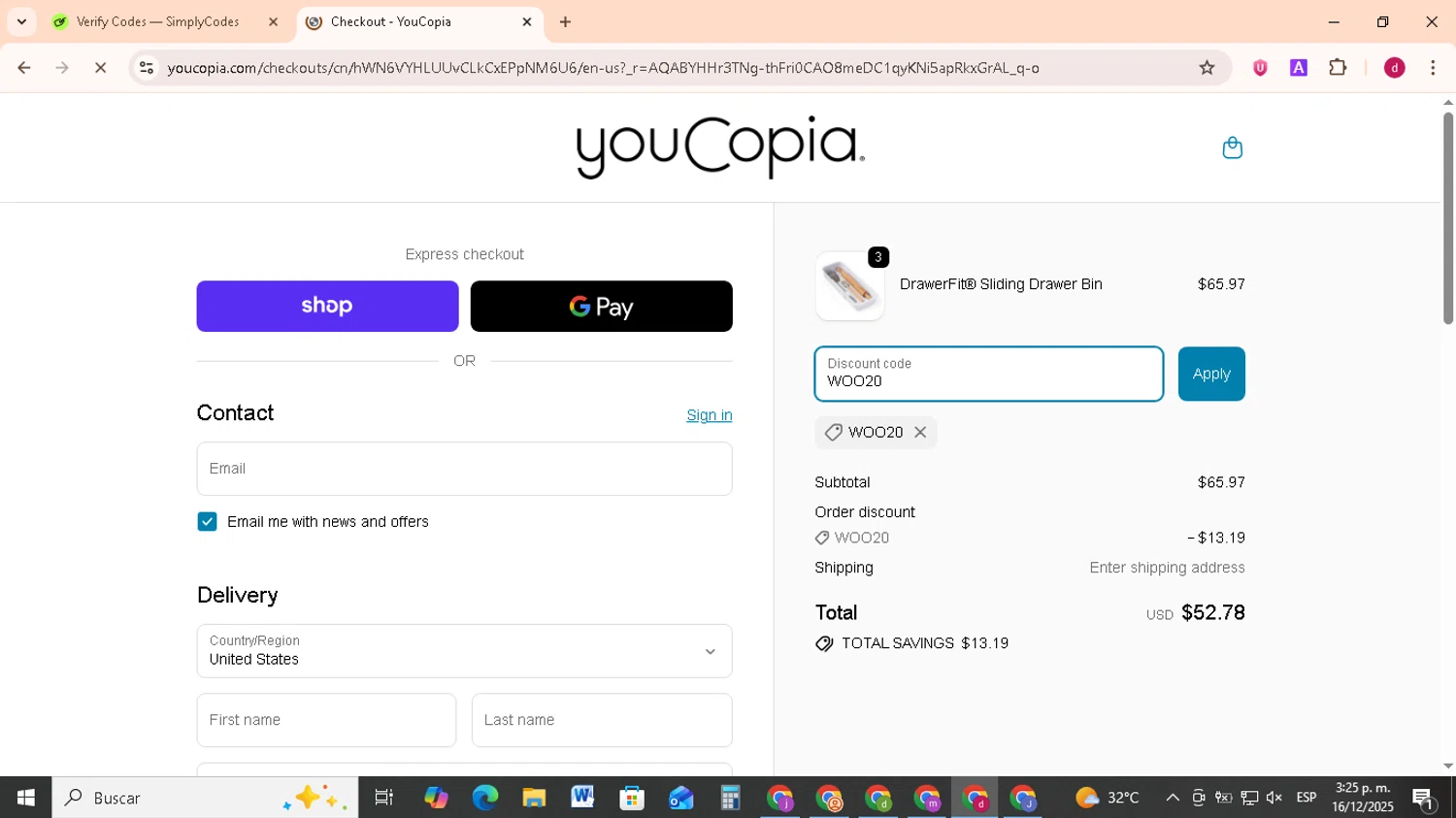 YouCopia discount code screenshot showing code WOO20 applied at YouCopia checkout page. Uploaded by SimplyCodes community member FrugalMonarch7277 on Dec 16, 2025
