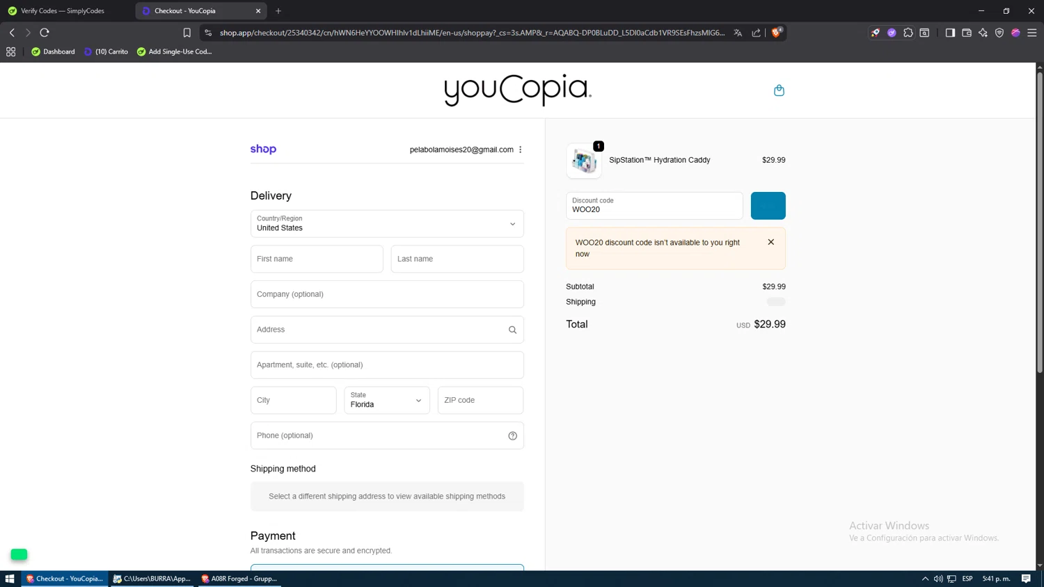 YouCopia discount code screenshot showing code WOO20 applied at YouCopia checkout page. Uploaded by SimplyCodes community member NARUTO_UZUMAKIsx on Dec 10, 2025