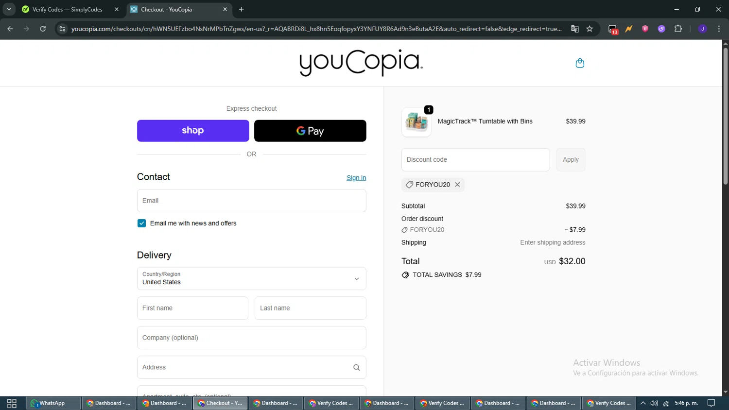 YouCopia discount code screenshot showing code FORYOU20 applied at YouCopia checkout page. Uploaded by SimplyCodes community member WiseMaven9968 on Nov 19, 2025