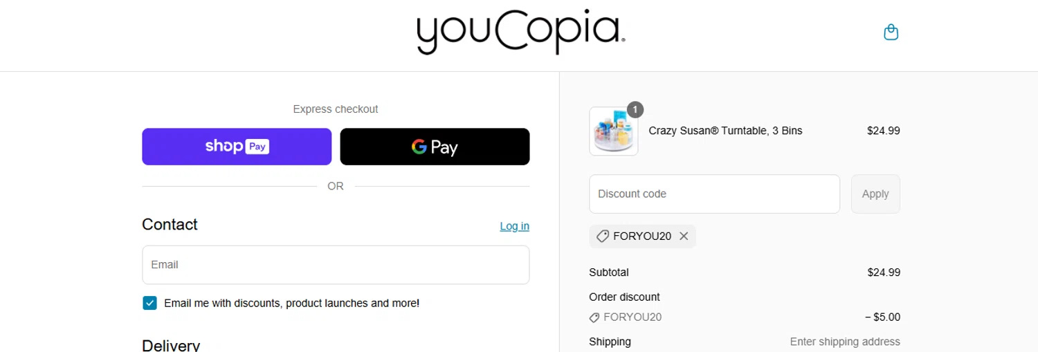 YouCopia discount code screenshot showing code FORYOU20 applied at YouCopia checkout page. Uploaded by SimplyCodes community member ashe1986 on Jul 10, 2025