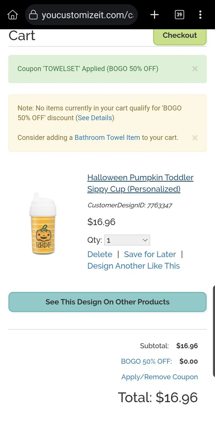 YouCustomizeIt promo code screenshot showing code TOWELSET applied at YouCustomizeIt checkout page. Uploaded by SimplyCodes community member Carloslvz on Jul 7, 2025