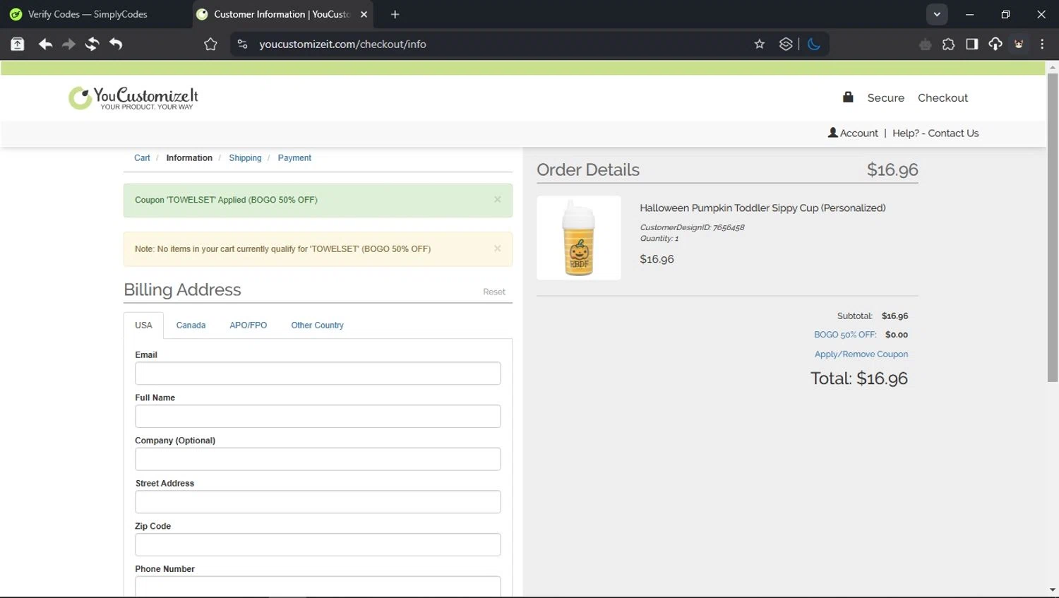 YouCustomizeIt promo code screenshot showing code TOWELSET applied at YouCustomizeIt checkout page. Uploaded by SimplyCodes community member domain on Apr 3, 2025