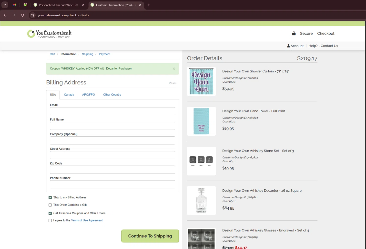 YouCustomizeIt promo code screenshot showing code WHISKEY applied at YouCustomizeIt checkout page. Uploaded by SimplyCodes community member BrandoJose1 on Jul 8, 2025