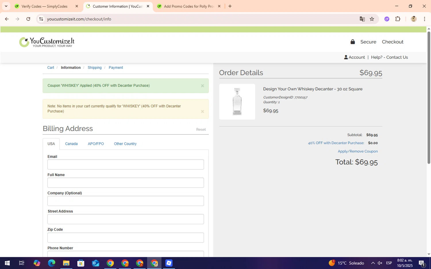 YouCustomizeIt promo code screenshot showing code WHISKEY applied at YouCustomizeIt checkout page. Uploaded by SimplyCodes community member Lilithh on May 10, 2025
