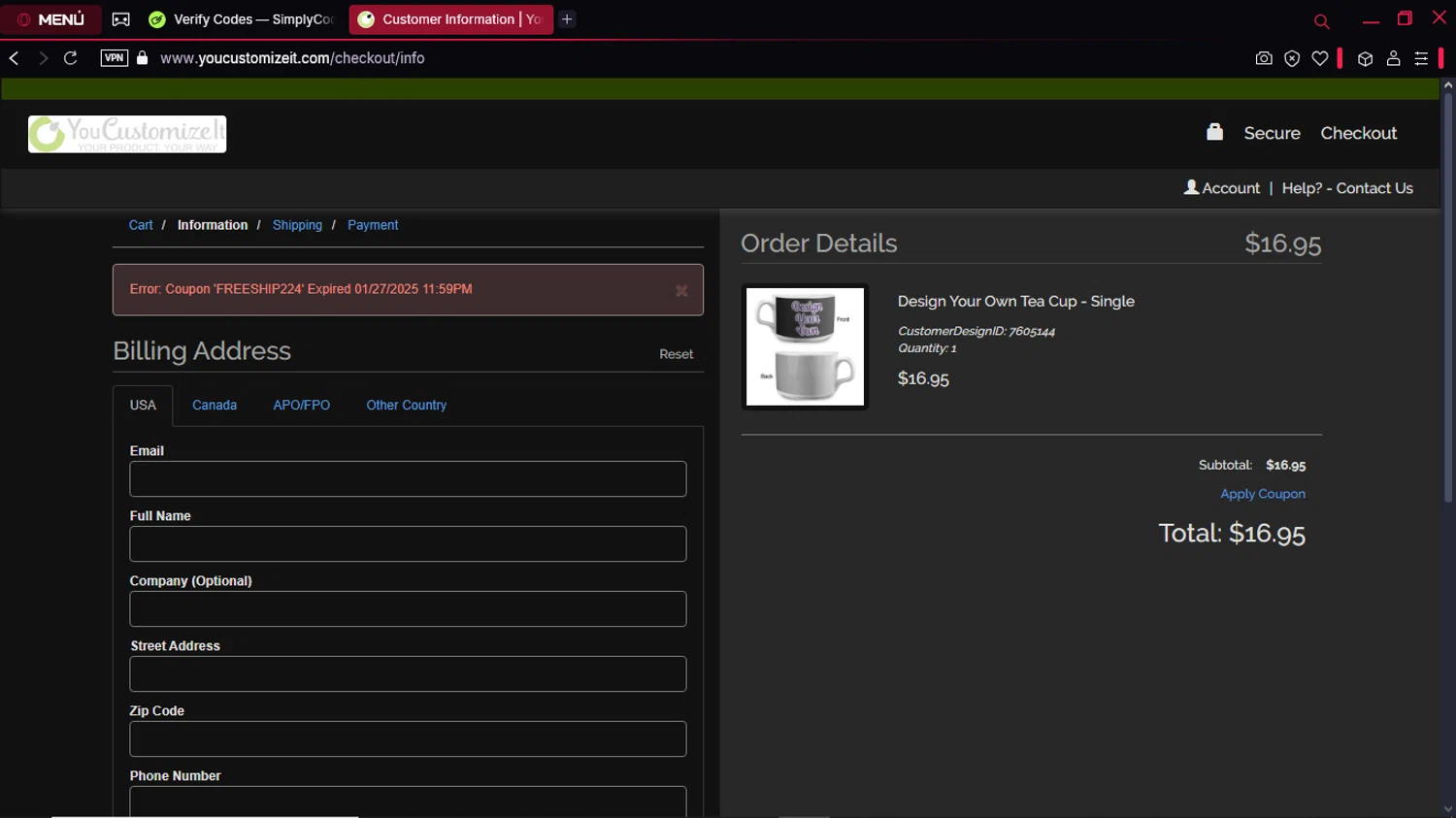 YouCustomizeIt promo code screenshot showing code FREESHIP224 applied at YouCustomizeIt checkout page. Uploaded by SimplyCodes community member GoldPro6514 on Feb 21, 2025