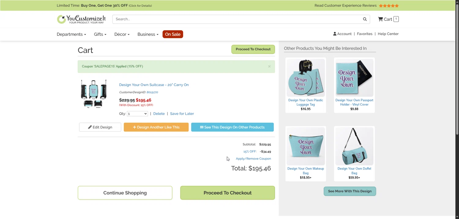 YouCustomizeIt checkout page showing YouCustomizeIt promo code box | Screenshot taken by SimplyCodes community member on Jan 7, 2026