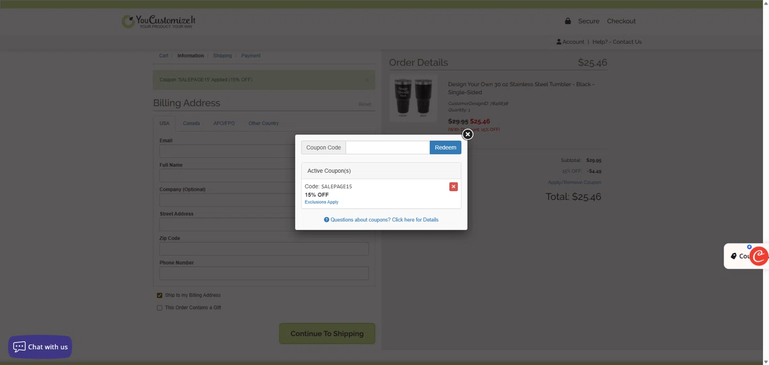 YouCustomizeIt promo code screenshot showing code salepage15 applied at YouCustomizeIt checkout page. Uploaded by SimplyCodes community member ivantorres on Sep 17, 2025
