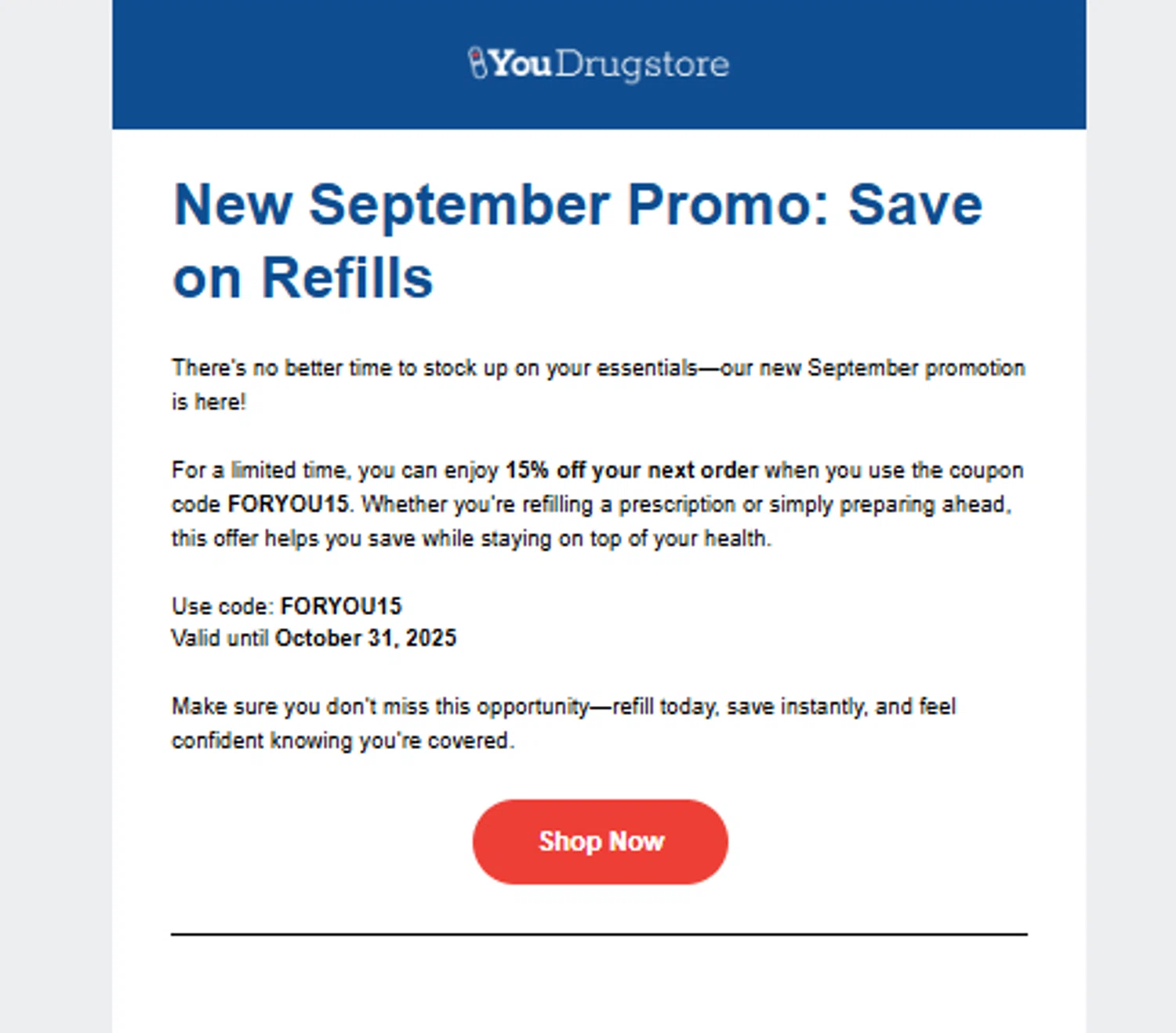 YouDrugstore coupon code screenshot showing code FORYOU15 applied at YouDrugstore checkout page. Uploaded by SimplyCodes community member ______________ on Sep 2, 2025