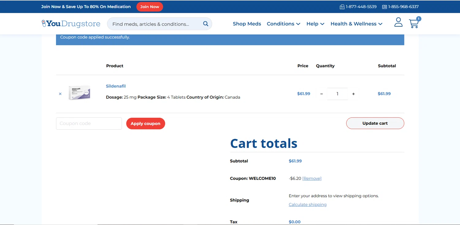 YouDrugstore coupon code screenshot showing code welcome10 applied at YouDrugstore checkout page. Uploaded by SimplyCodes community member Alydrop on Jun 30, 2025