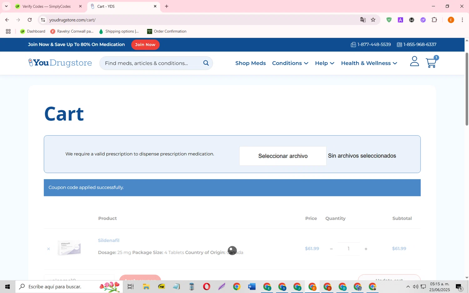 YouDrugstore coupon code screenshot showing code welcome10 applied at YouDrugstore checkout page. Uploaded by SimplyCodes community member RewardFalcon3197 on Jun 23, 2025