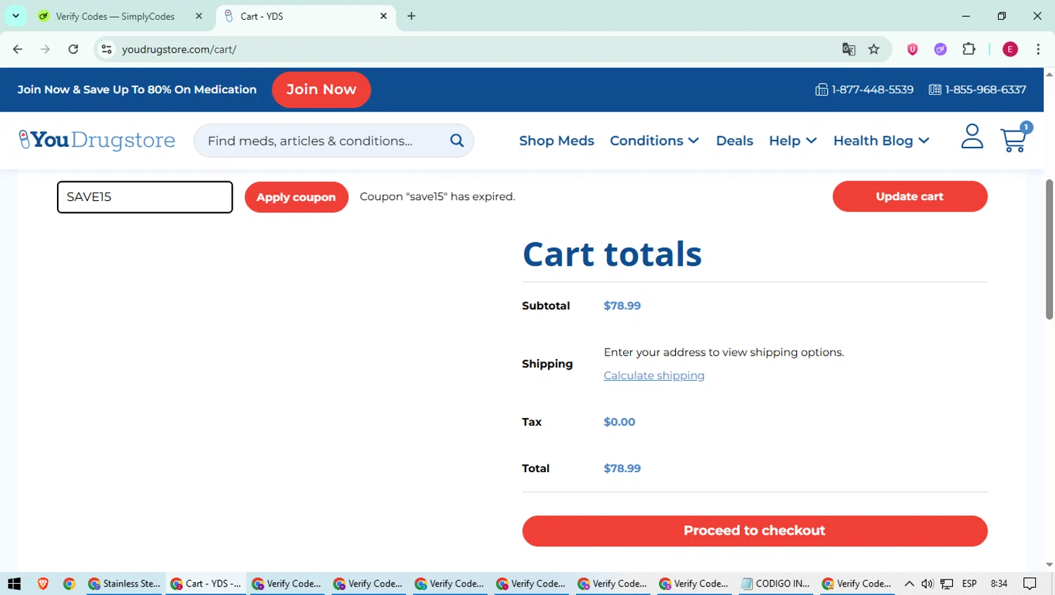 YouDrugstore coupon code screenshot showing code SAVE15 applied at YouDrugstore checkout page. Uploaded by SimplyCodes community member BrilliantWhiz4434 on Sep 7, 2025