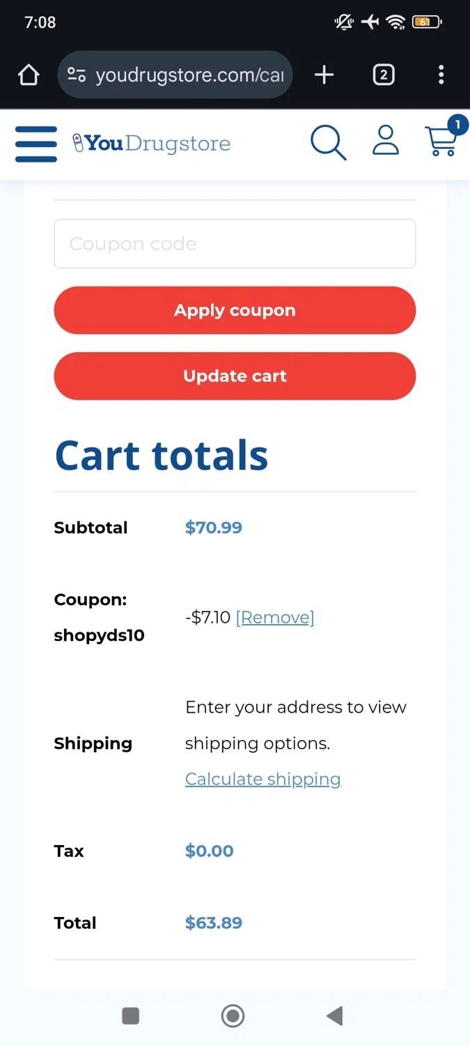 YouDrugstore coupon code screenshot showing code SHOPYDS10 applied at YouDrugstore checkout page. Uploaded by SimplyCodes community member RoyalSpotter5217 on Sep 16, 2025