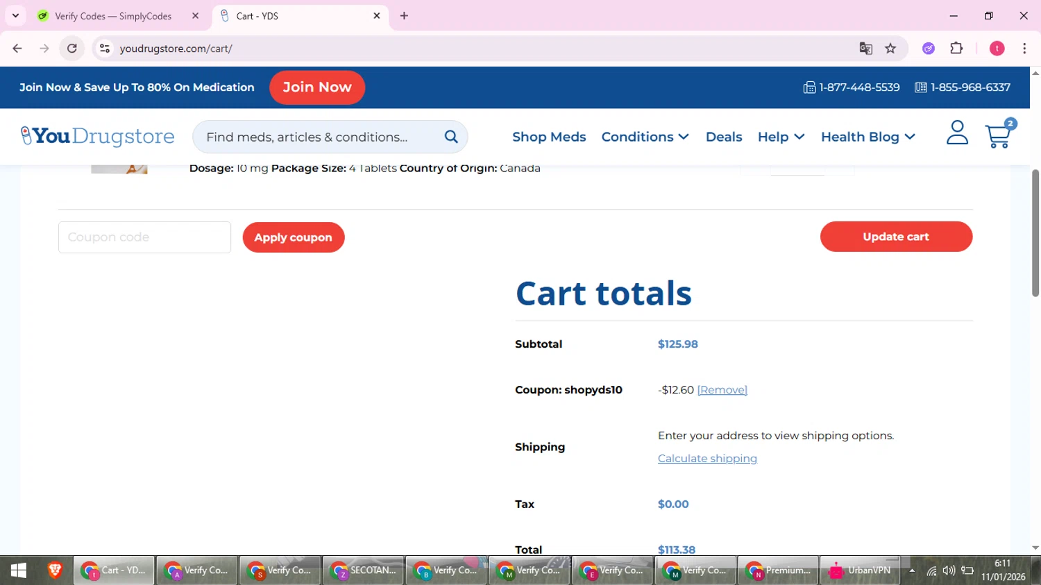 YouDrugstore checkout page showing YouDrugstore coupon code box | Screenshot taken by SimplyCodes community member on Jan 11, 2026