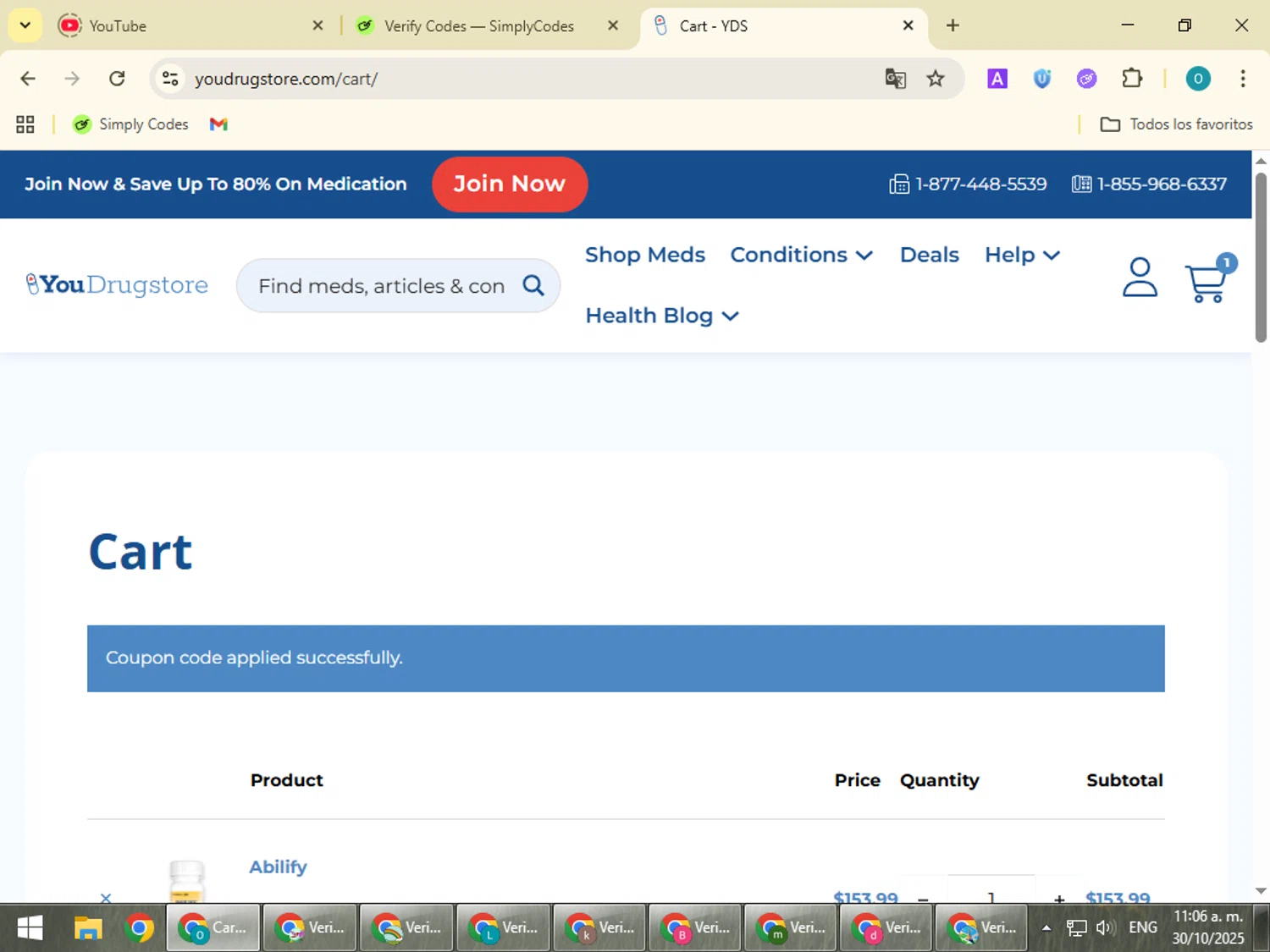 YouDrugstore coupon code screenshot showing code FORYOU15 applied at YouDrugstore checkout page. Uploaded by SimplyCodes community member BudgetSeeker9524 on Oct 30, 2025
