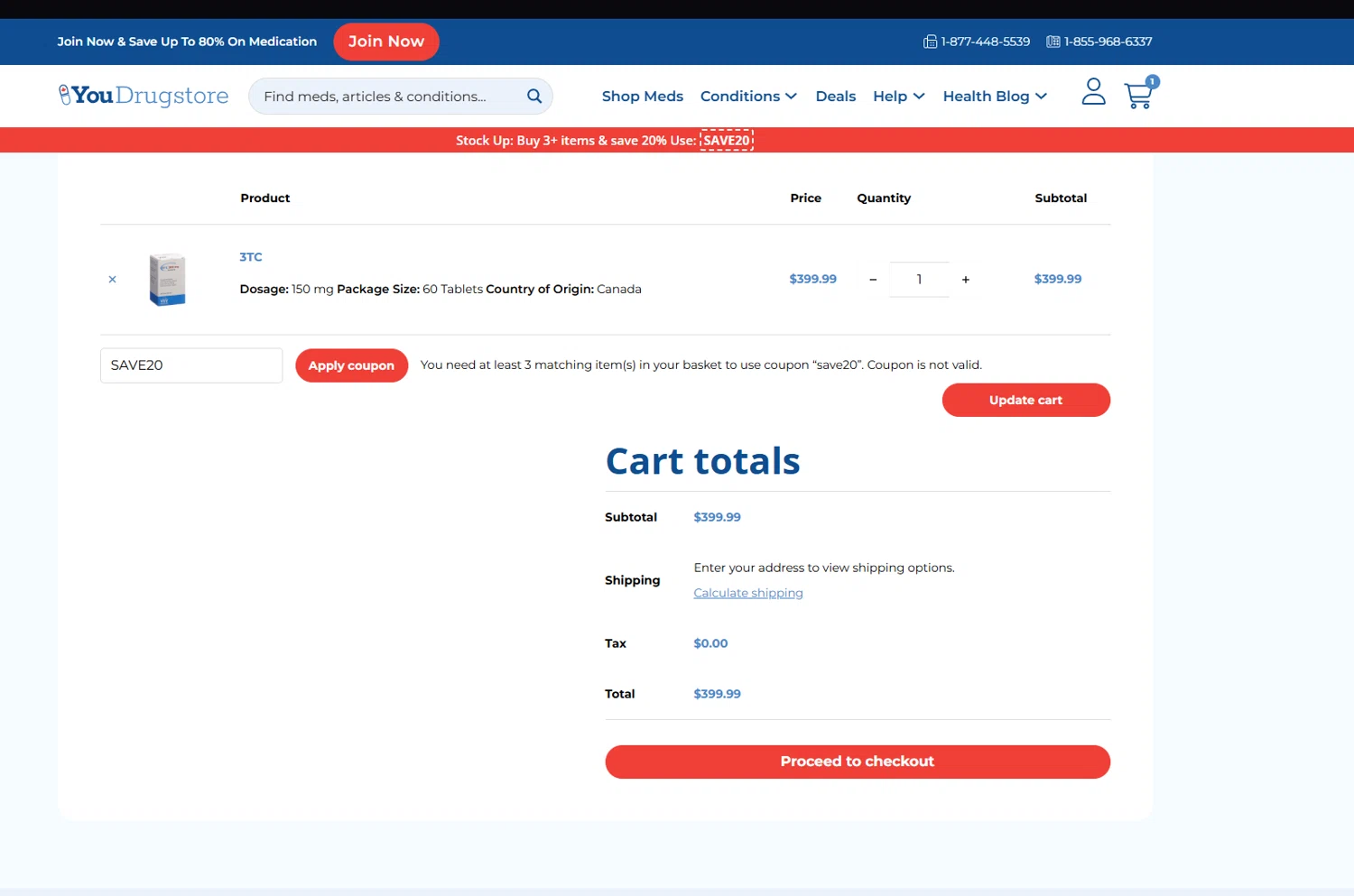 YouDrugstore coupon code screenshot showing code SAVE20 applied at YouDrugstore checkout page. Uploaded by SimplyCodes community member Billyyou on Dec 29, 2025