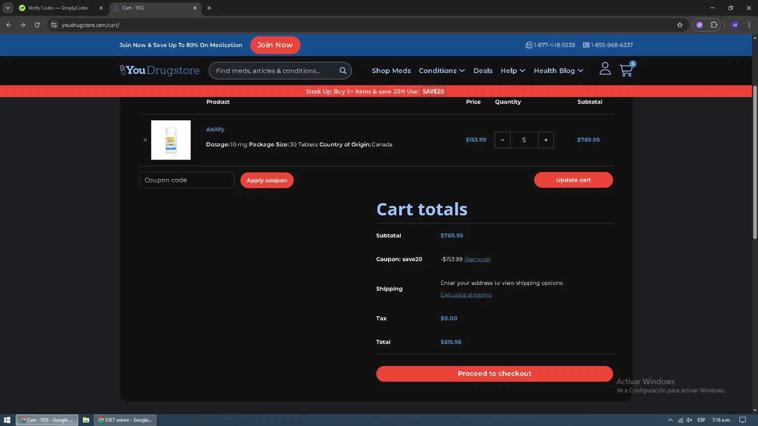 YouDrugstore coupon code screenshot showing code SAVE20 applied at YouDrugstore checkout page. Uploaded by SimplyCodes community member simplyyycodeess on Dec 29, 2025