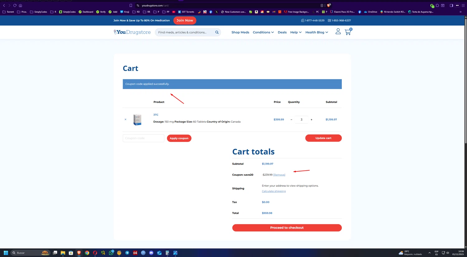 YouDrugstore coupon code screenshot showing code SAVE20 applied at YouDrugstore checkout page. Uploaded by SimplyCodes community member UnkNownVnzla on Nov 1, 2025