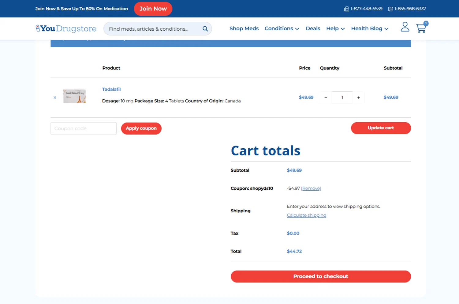 YouDrugstore coupon code screenshot showing code SHOPYDS10 applied at YouDrugstore checkout page. Uploaded by SimplyCodes community member ylenisjordan on Aug 18, 2025