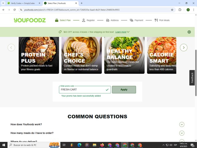 Youfoodz checkout page showing Youfoodz discount code box | Screenshot taken by SimplyCodes community member on Sep 4, 2025