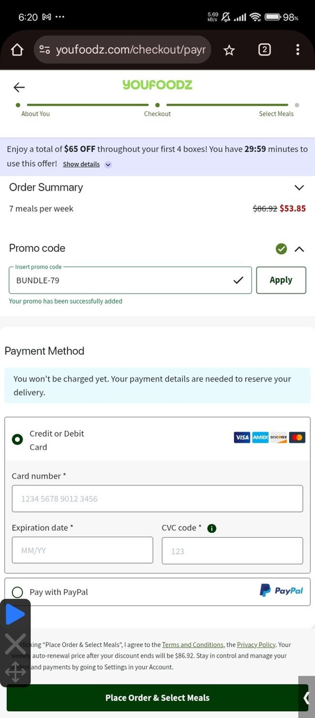 Youfoodz checkout page showing Youfoodz discount code box | Screenshot taken by SimplyCodes community member on Aug 28, 2025