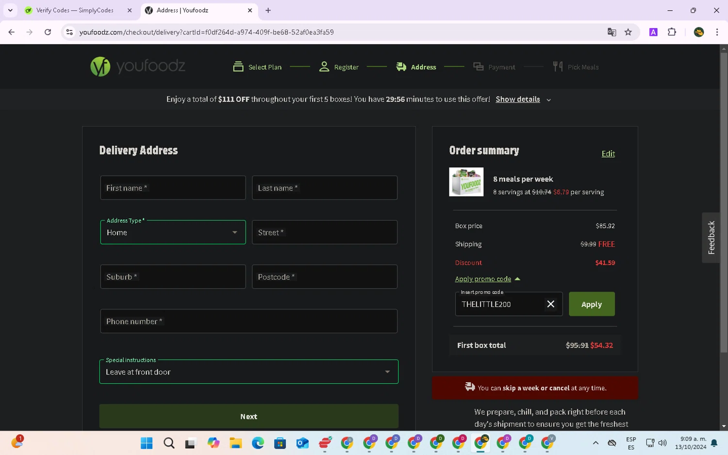 where to use Youfoodz promo code box