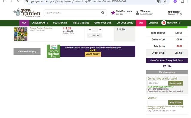YouGarden checkout page showing YouGarden discount code box | Screenshot taken by SimplyCodes community member on Jul 23, 2025