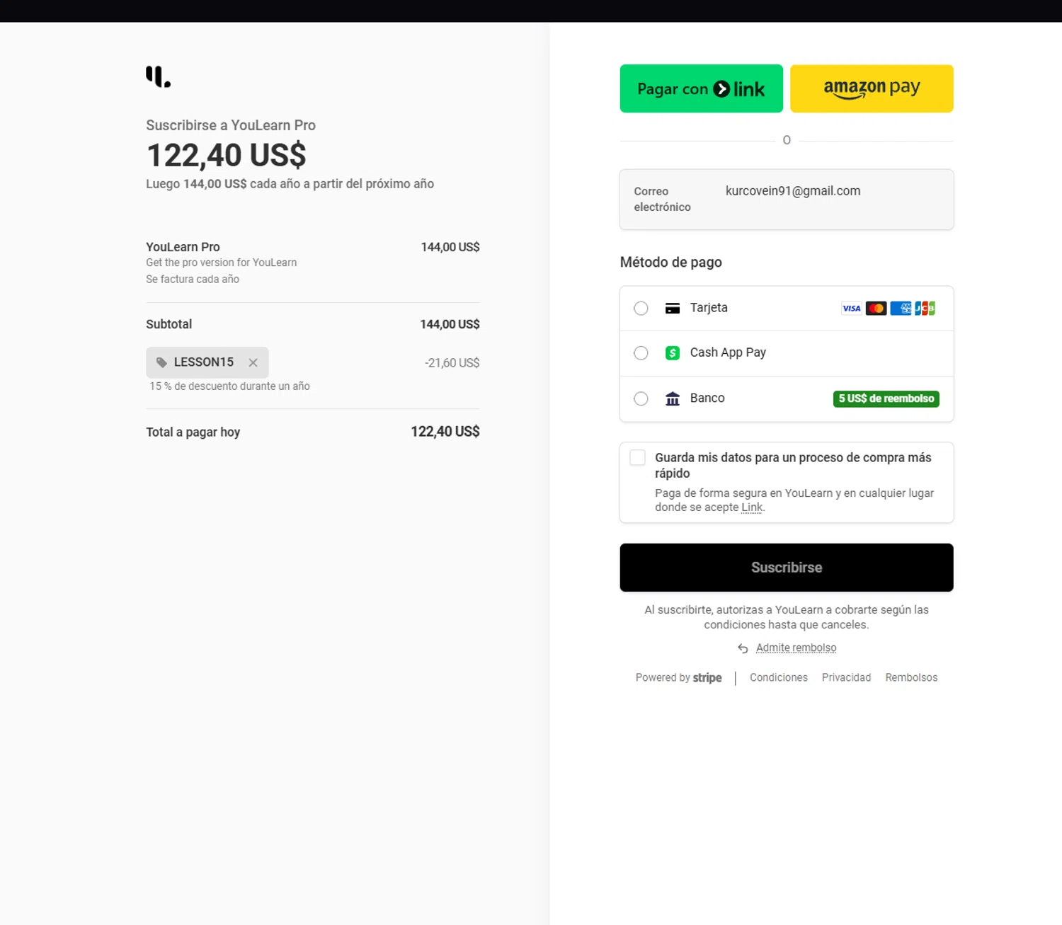 YouLearn promo code screenshot showing code LESSON15 applied at YouLearn checkout page. Uploaded by SimplyCodes community member Billyyou on Dec 29, 2025