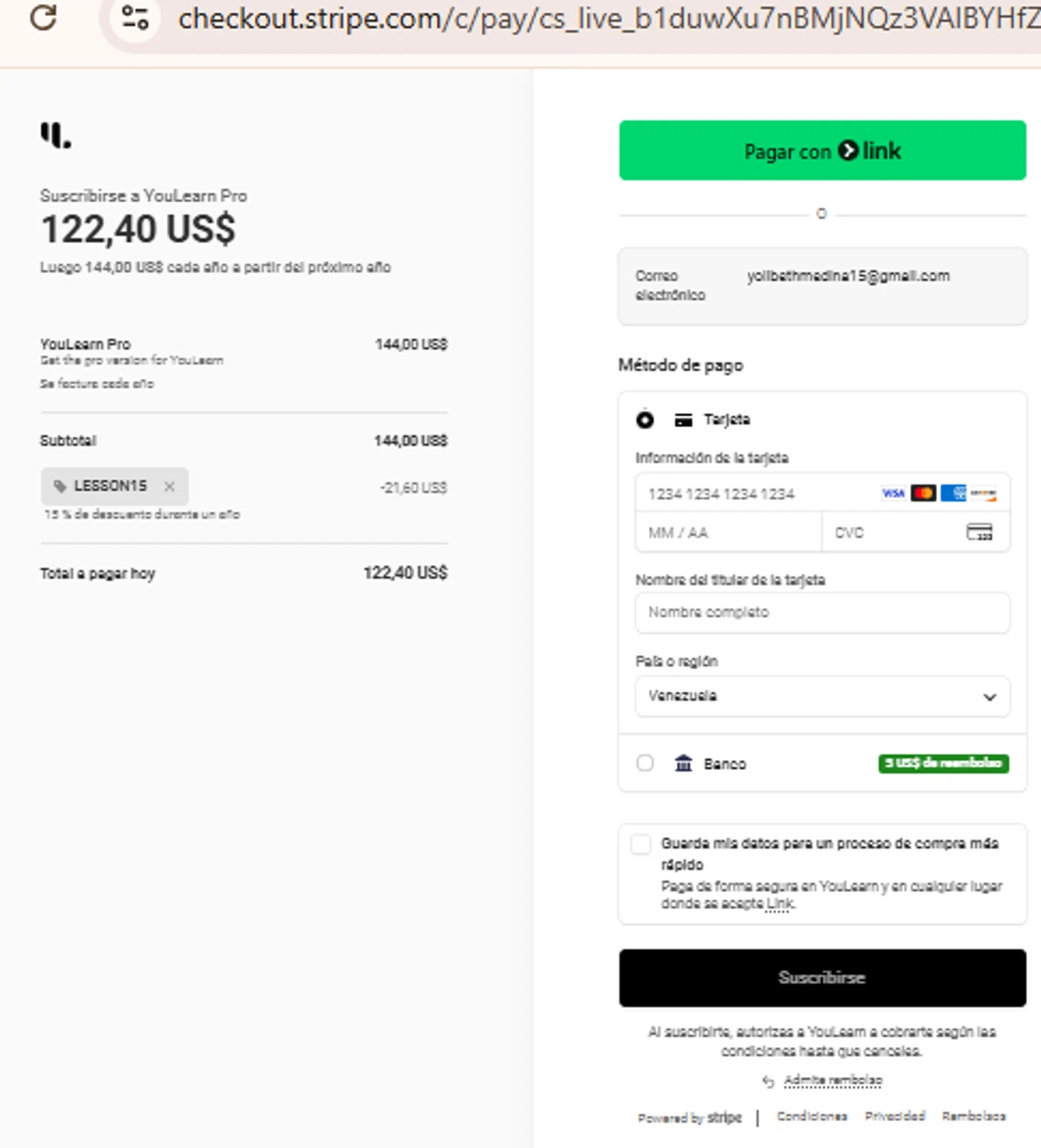 YouLearn promo code screenshot showing code LESSON15 applied at YouLearn checkout page. Uploaded by SimplyCodes community member BudgetLion5814 on Nov 30, 2025