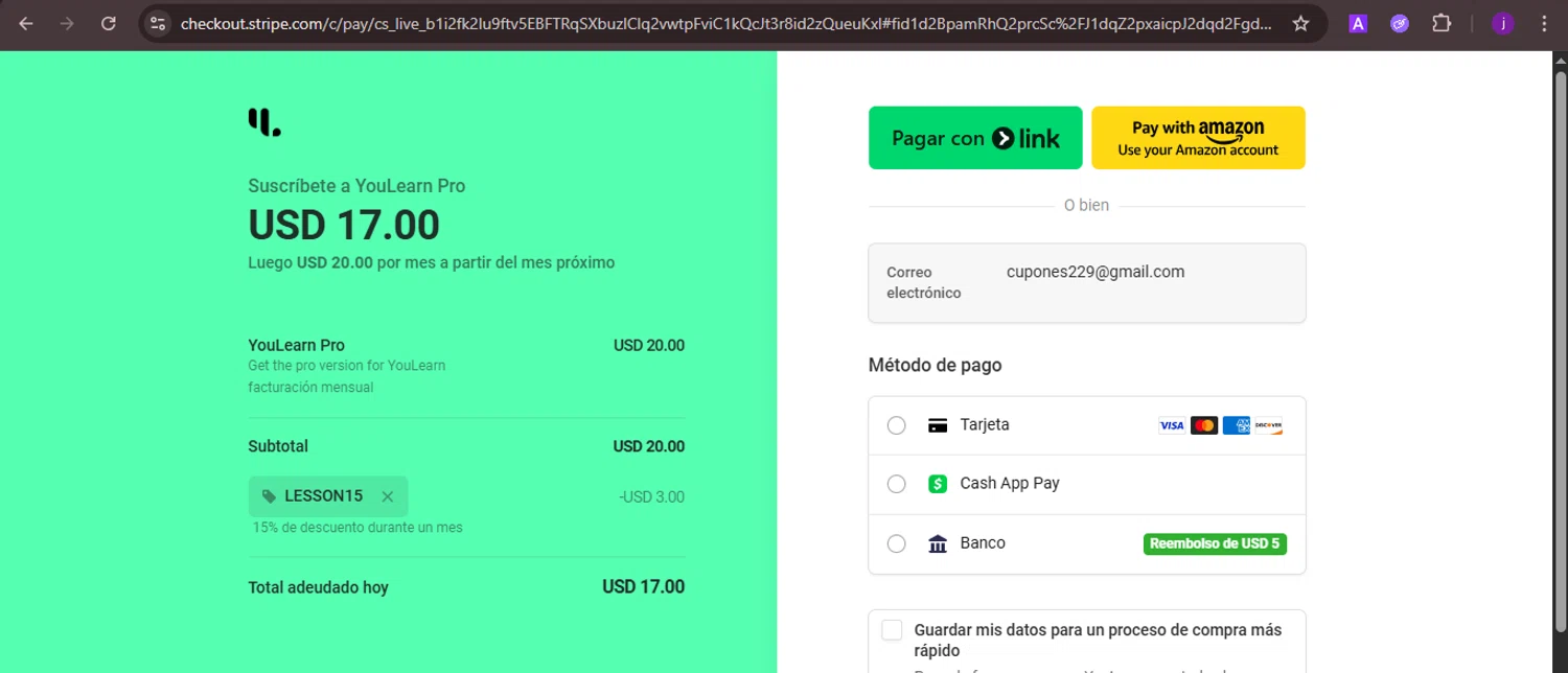 YouLearn promo code screenshot showing code LESSON15 applied at YouLearn checkout page. Uploaded by SimplyCodes community member CoinMaverick1452 on Oct 3, 2025