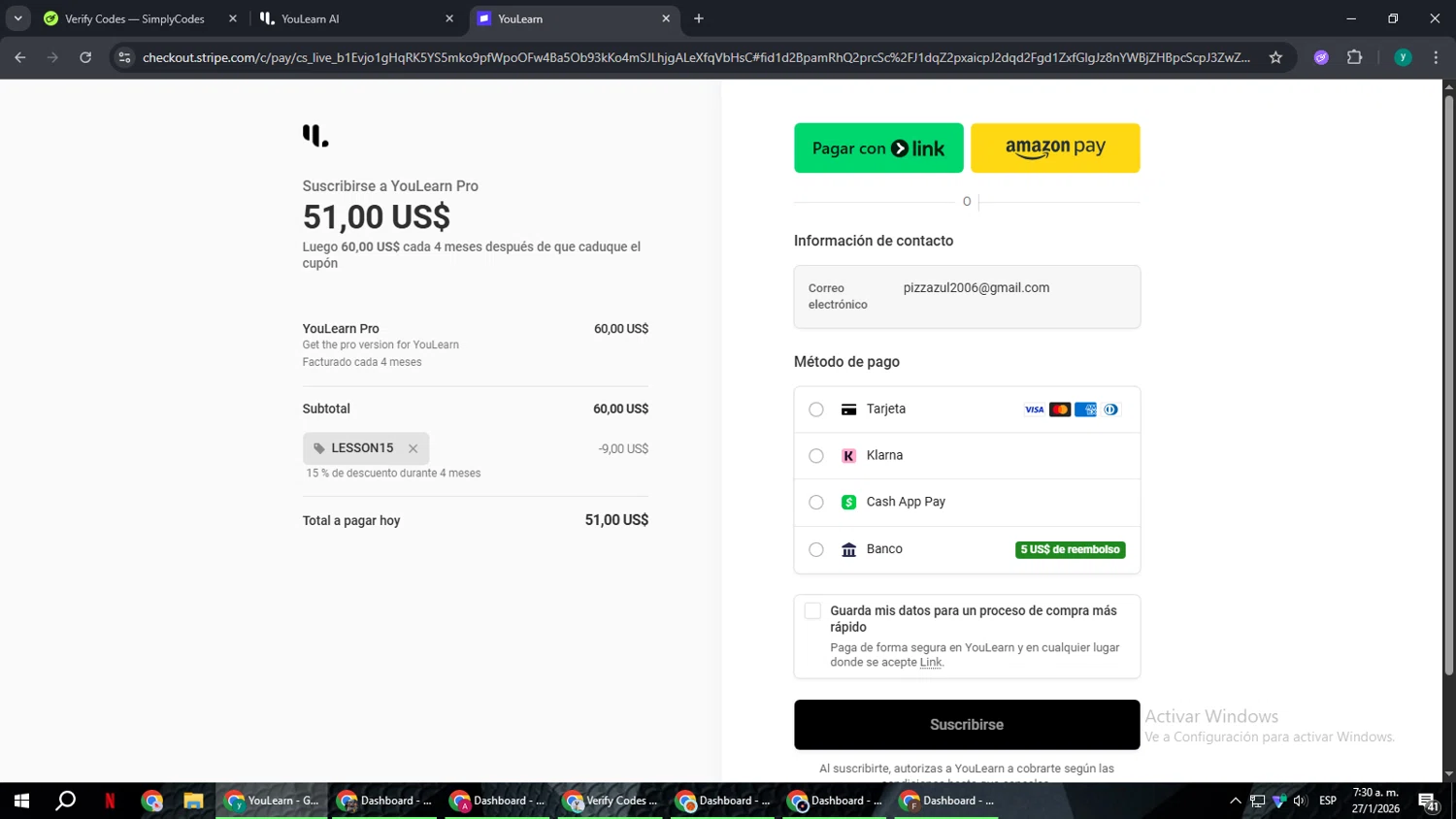 YouLearn checkout page showing YouLearn promo code box | Screenshot taken by SimplyCodes community member on Jan 27, 2026