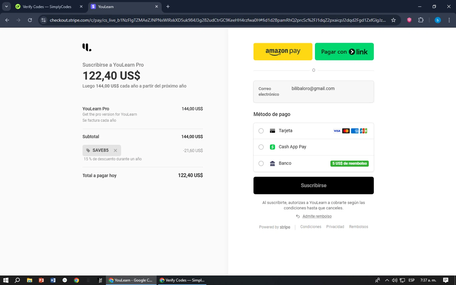 YouLearn promo code screenshot showing code SAVE85 applied at YouLearn checkout page. Uploaded by SimplyCodes community member bilijr on Nov 6, 2025