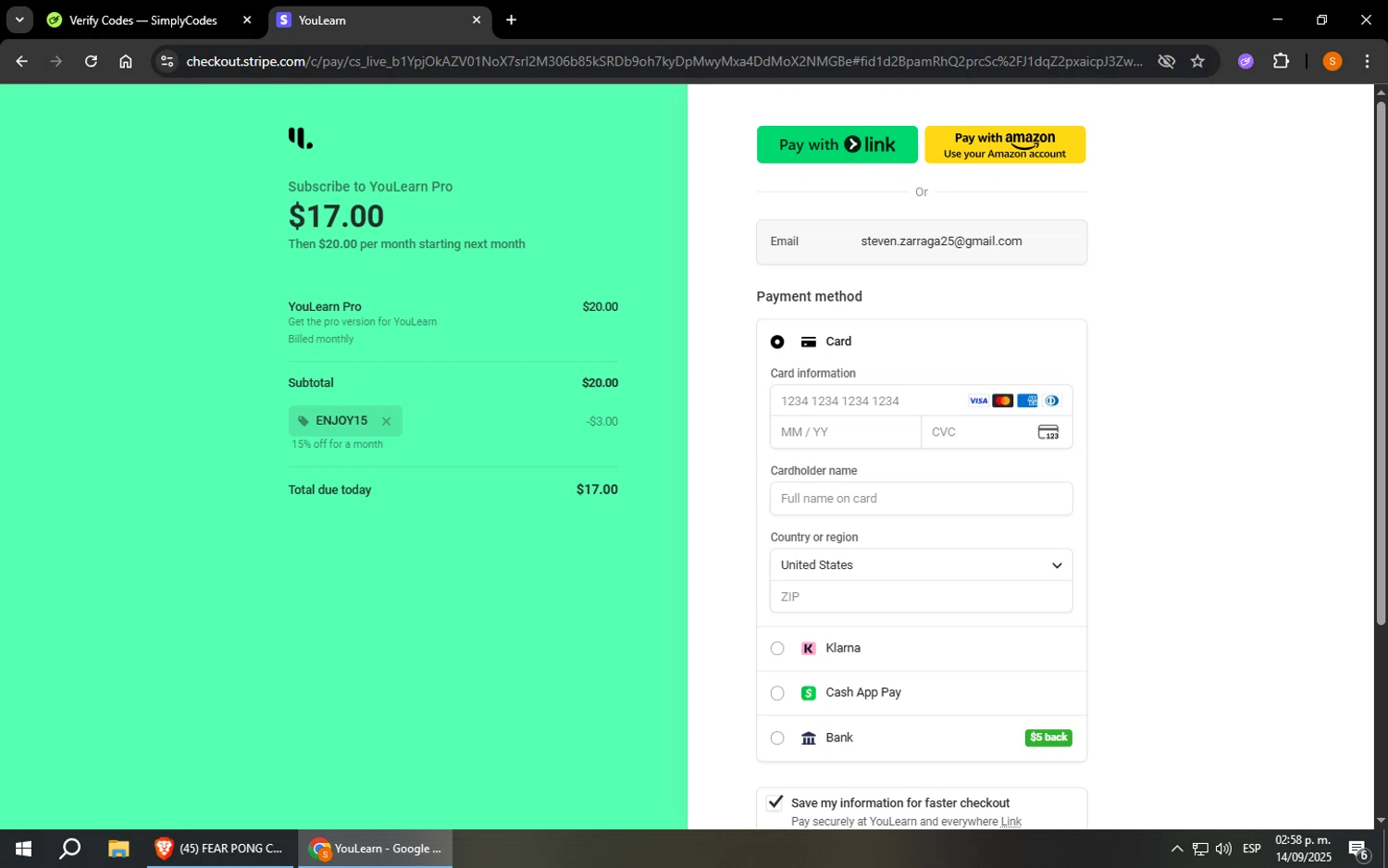 YouLearn promo code screenshot showing code ENJOY15 applied at YouLearn checkout page. Uploaded by SimplyCodes community member StevenZarraga on Sep 14, 2025