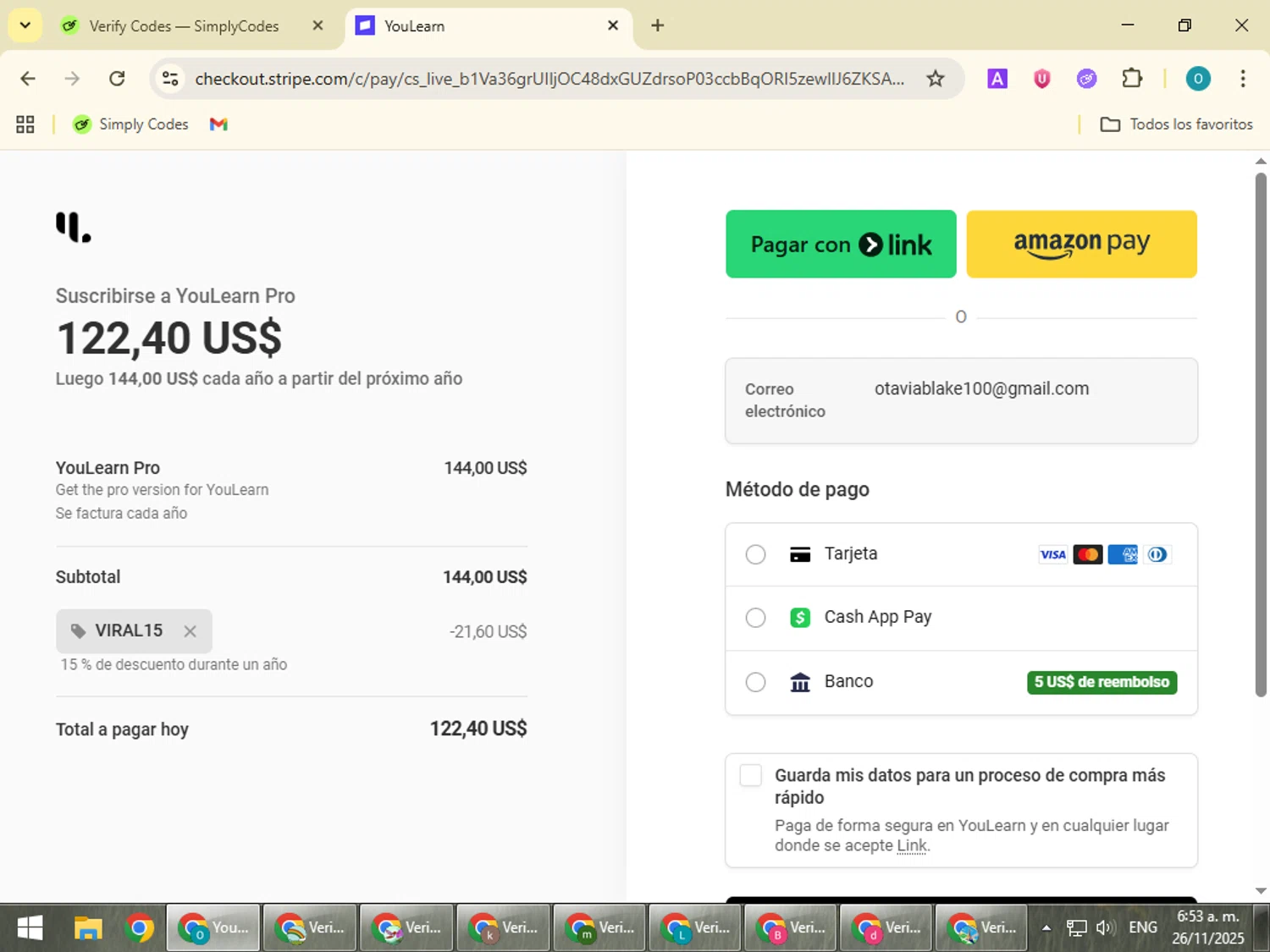 YouLearn promo code screenshot showing code VIRAL15 applied at YouLearn checkout page. Uploaded by SimplyCodes community member BudgetSeeker9524 on Nov 26, 2025